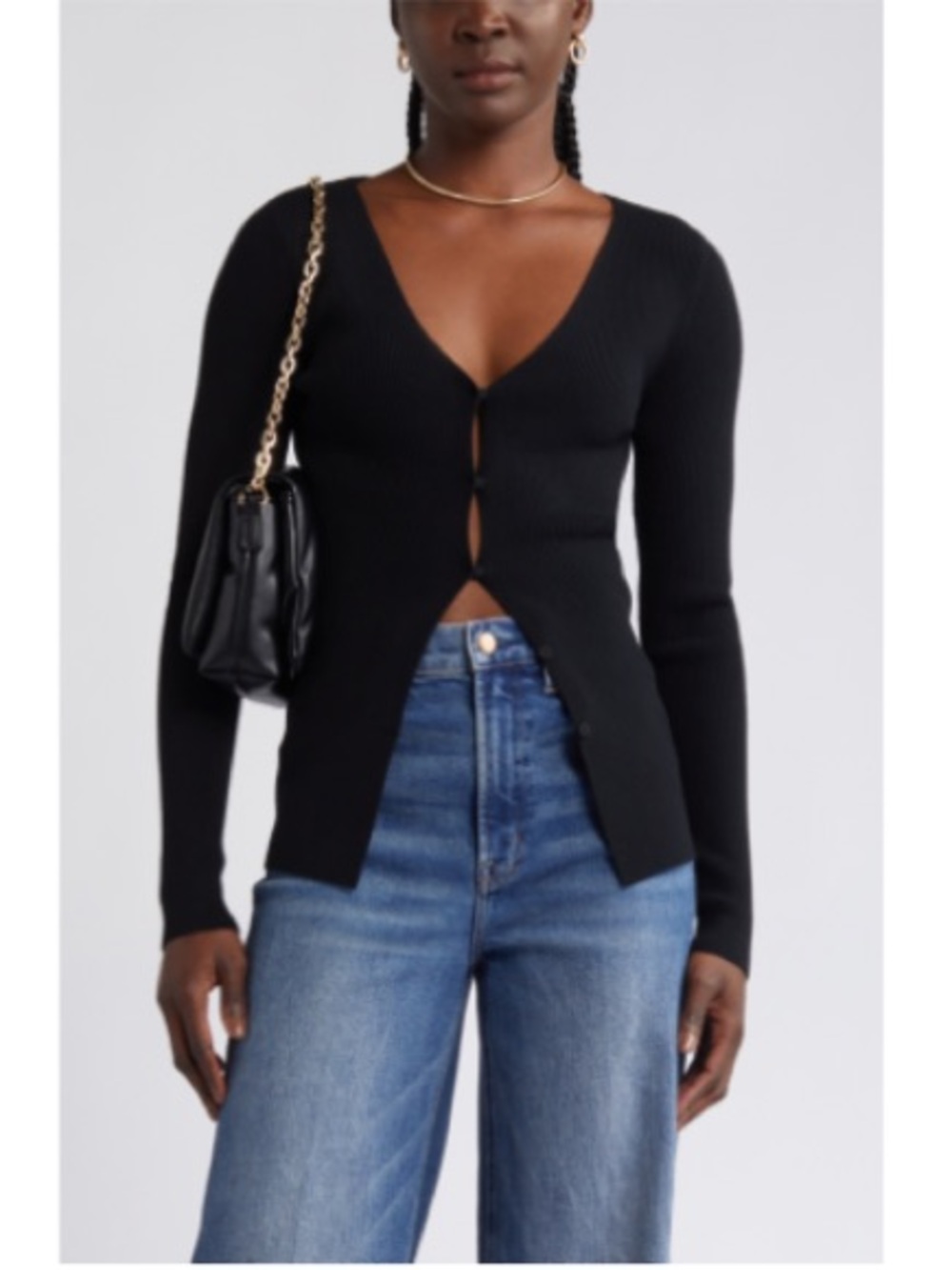 Open Edit Black V-Neck Button-Front Cardigan